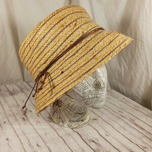 Vintage Betmar NY Raffia Straw Cloche Hat Natural w/Gray Stripes Brown Ribbon OS